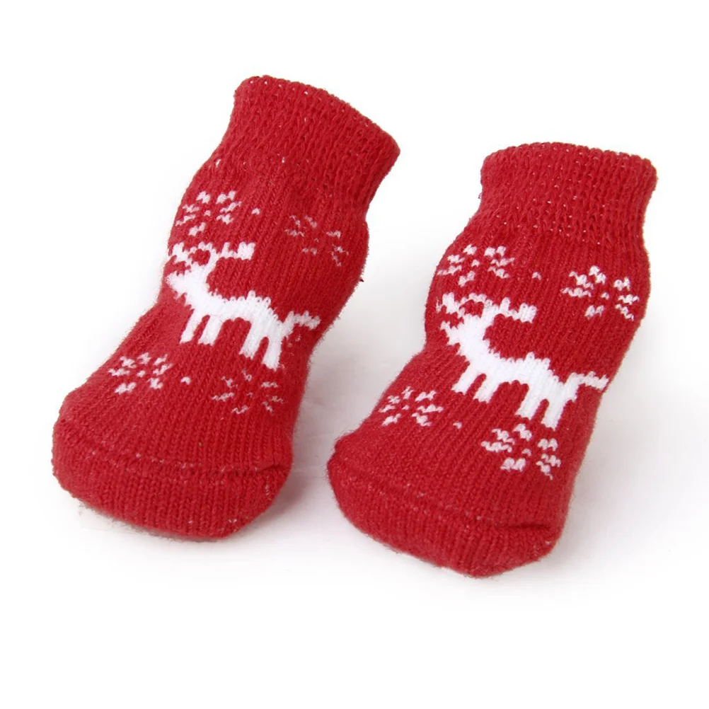 4pcs Christmas Reindeer Style Dog Puppy Cat Non-Slip Socks with - Size S (Red) Christams pet socks Doggie socks