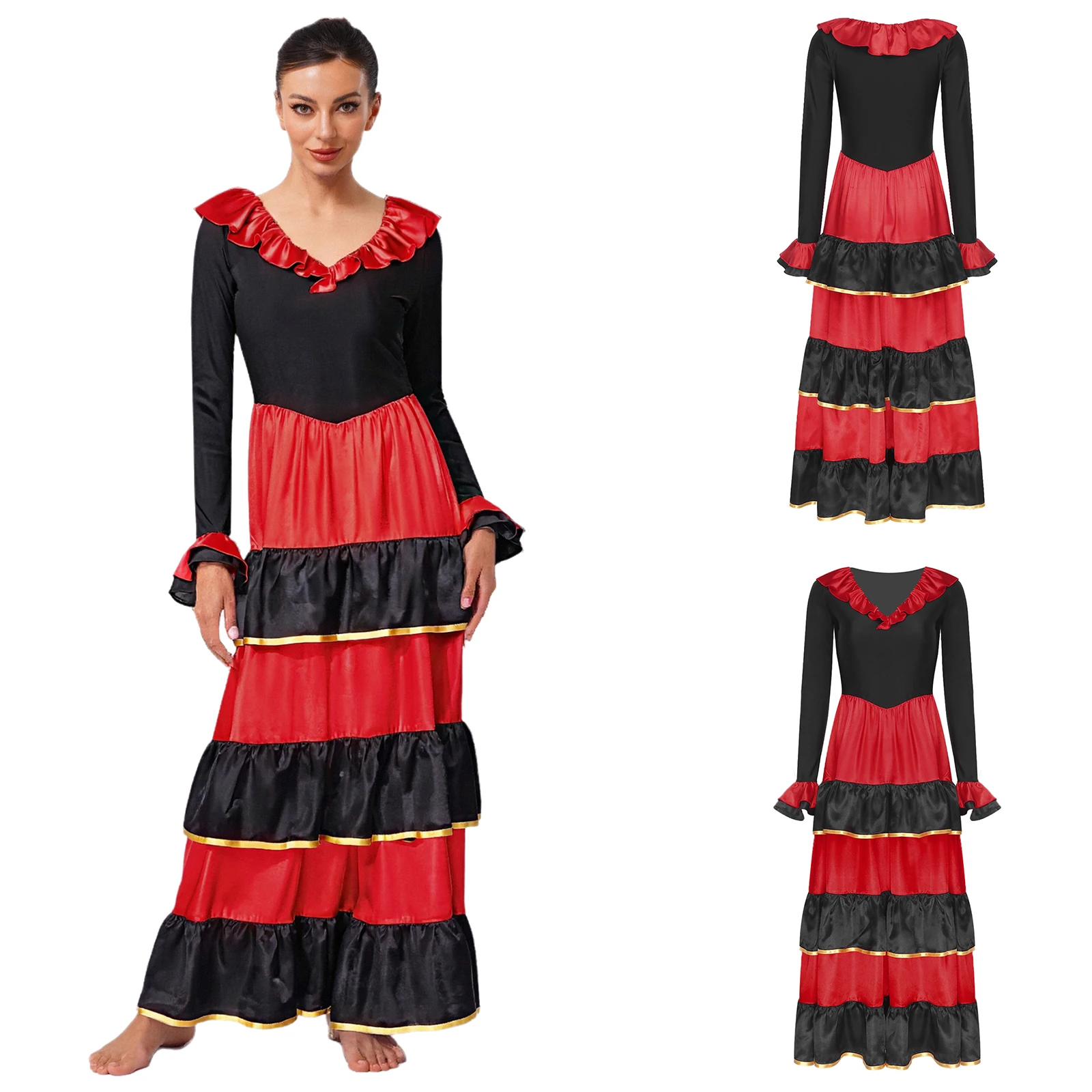 

Womens Adult Flamenco Spanish Dance Dress Tiered Ruffled Big Swing Long Sleeve V Neck Dress Ballroom Dancing Party Stage Clothes