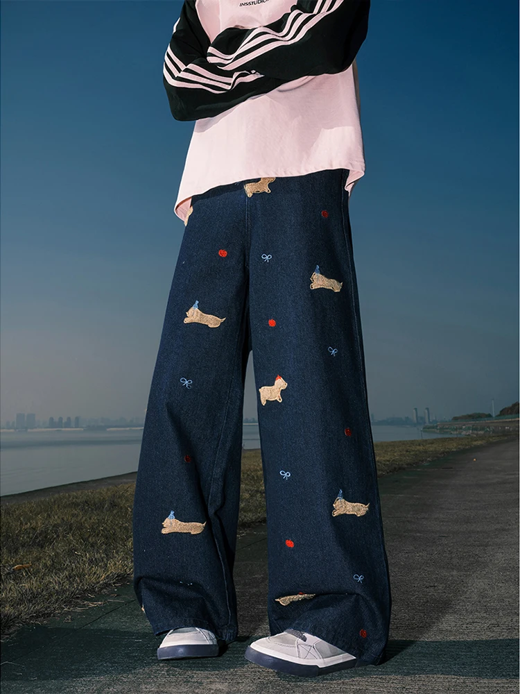 

Retro American Embroidered Sausage Dog Denim Jeans Men's Trendy Loose Danny Blue Wide Leg Dra Pants Youth Faion