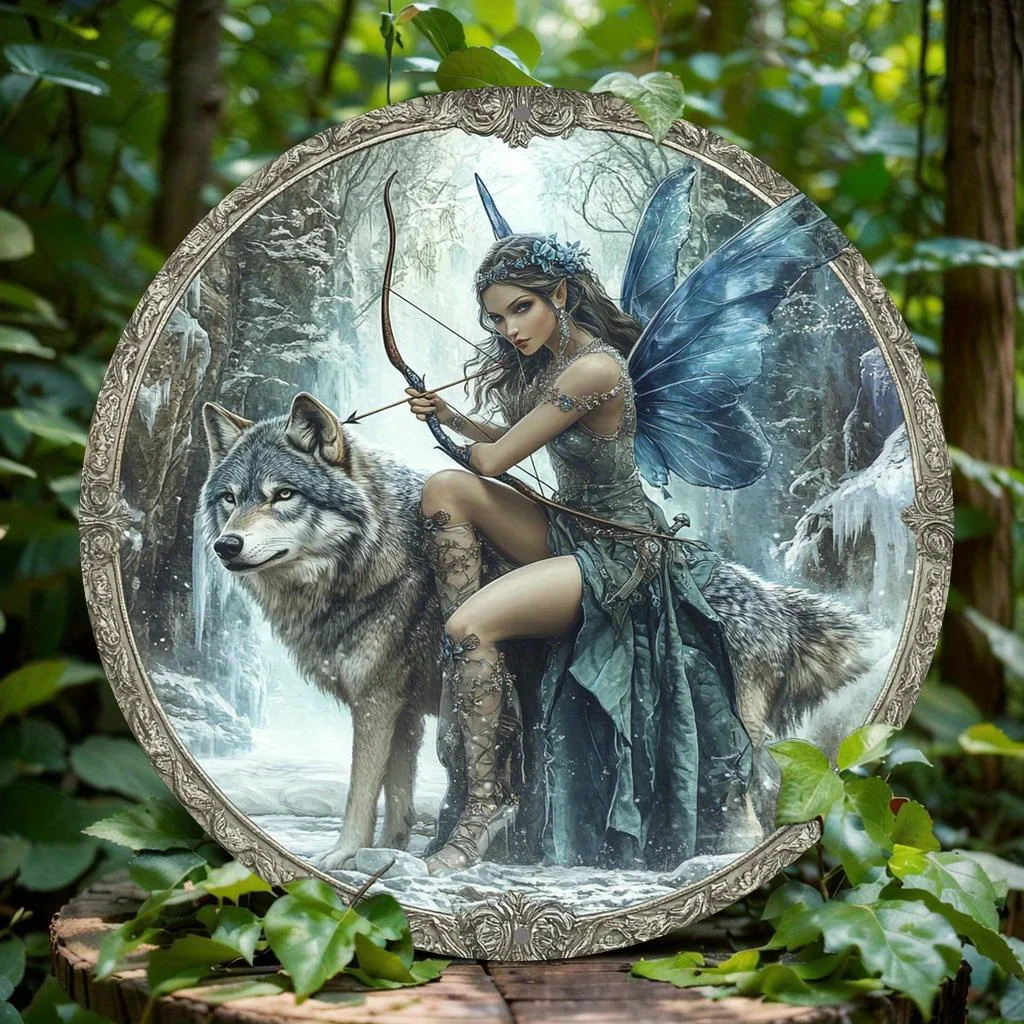 CIFBUY Dreamy Wolf Fairy Round Metal Sign Waterproof Durable Aluminum Wall Art Pre Drilled Decor for Bar Kitchen Cafe Home Offic