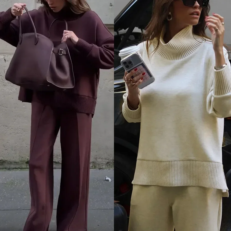 

Women 2pcs Knitted Wear Long Sleeve Solid Color Sweater Top & High Waist Pants Autumn Winter Loose