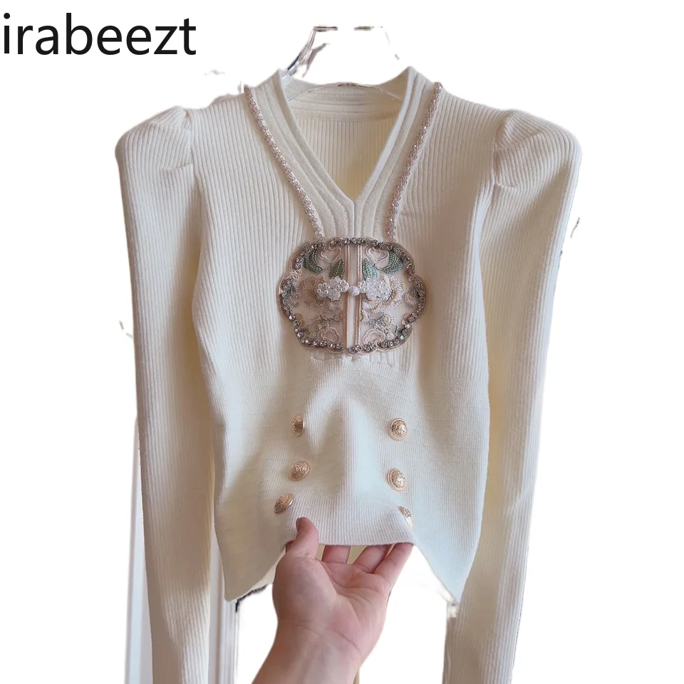 New Chinese Style Knitwear Women's 2024 Spring New Slim-fit V-neck Nail Bead All Matching Base Shirt Long Sleeve Top