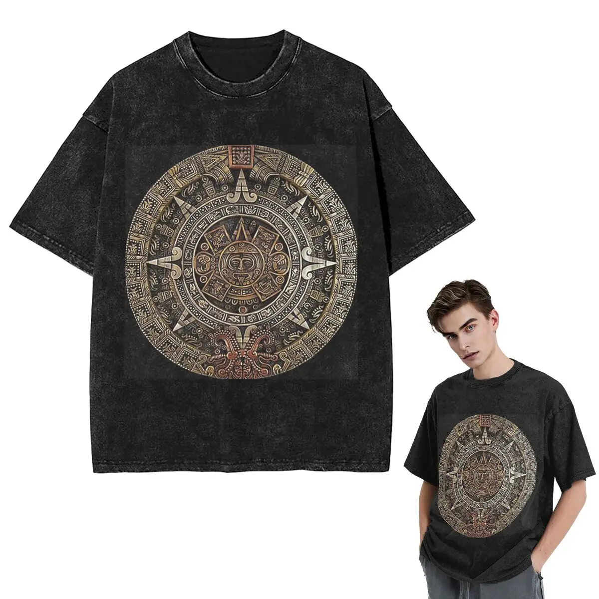 Streetwear T-Shirts AztecMayan Calendar In Gold And Bronze Washed T Shirt Short Sleeve Hip Hop T-Shirt Tops Tees for Men Women