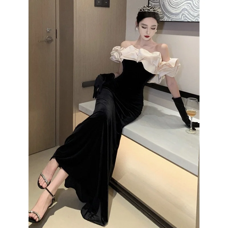 Evening dresses Velet Ballgowns black off-shoulder Prom dress fishtail party dress H912