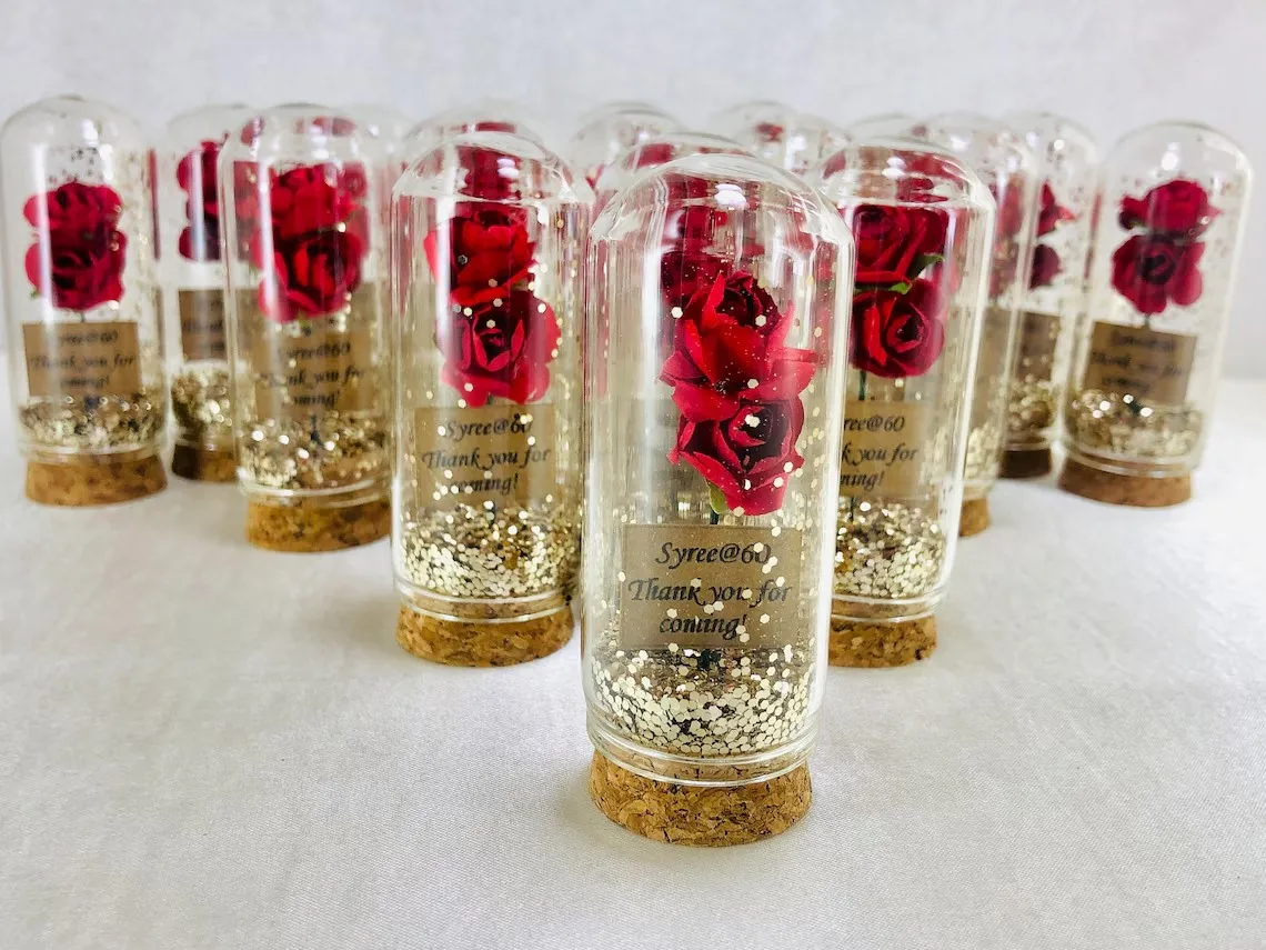 Wonderful customizable rose in glass gold glitter wedding guest gifts,Wholesale baby birthday baptism party favors,Guest thank y