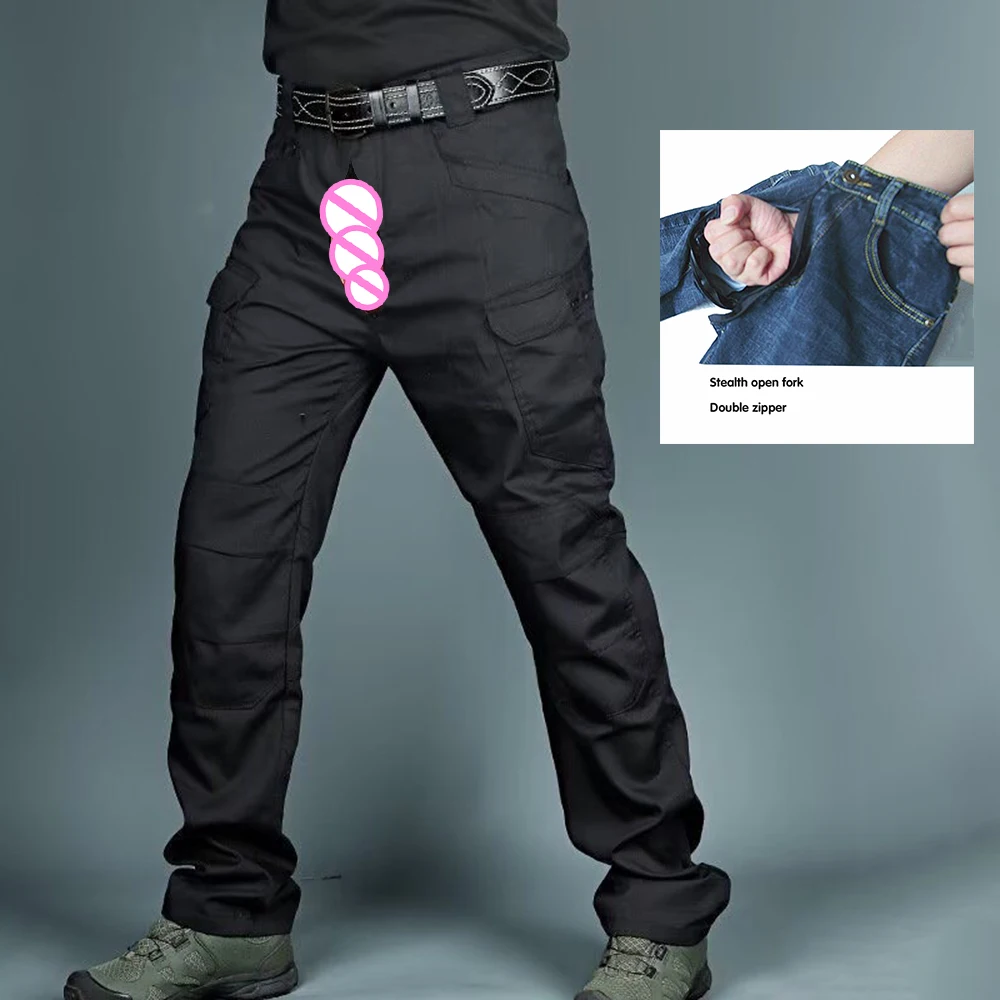 Invisible Open Crotch Outdoor Sex Tactics Men's Slacks Pocket Cargo Work Pants Men Training Trousers Loose Exotic Attire
