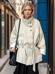 TWOTWINSTYLE Solid Patchwork Button Chic Trench For Women Lapel Long Sleeve Spliced Belt Temperament Designer Coats Female New