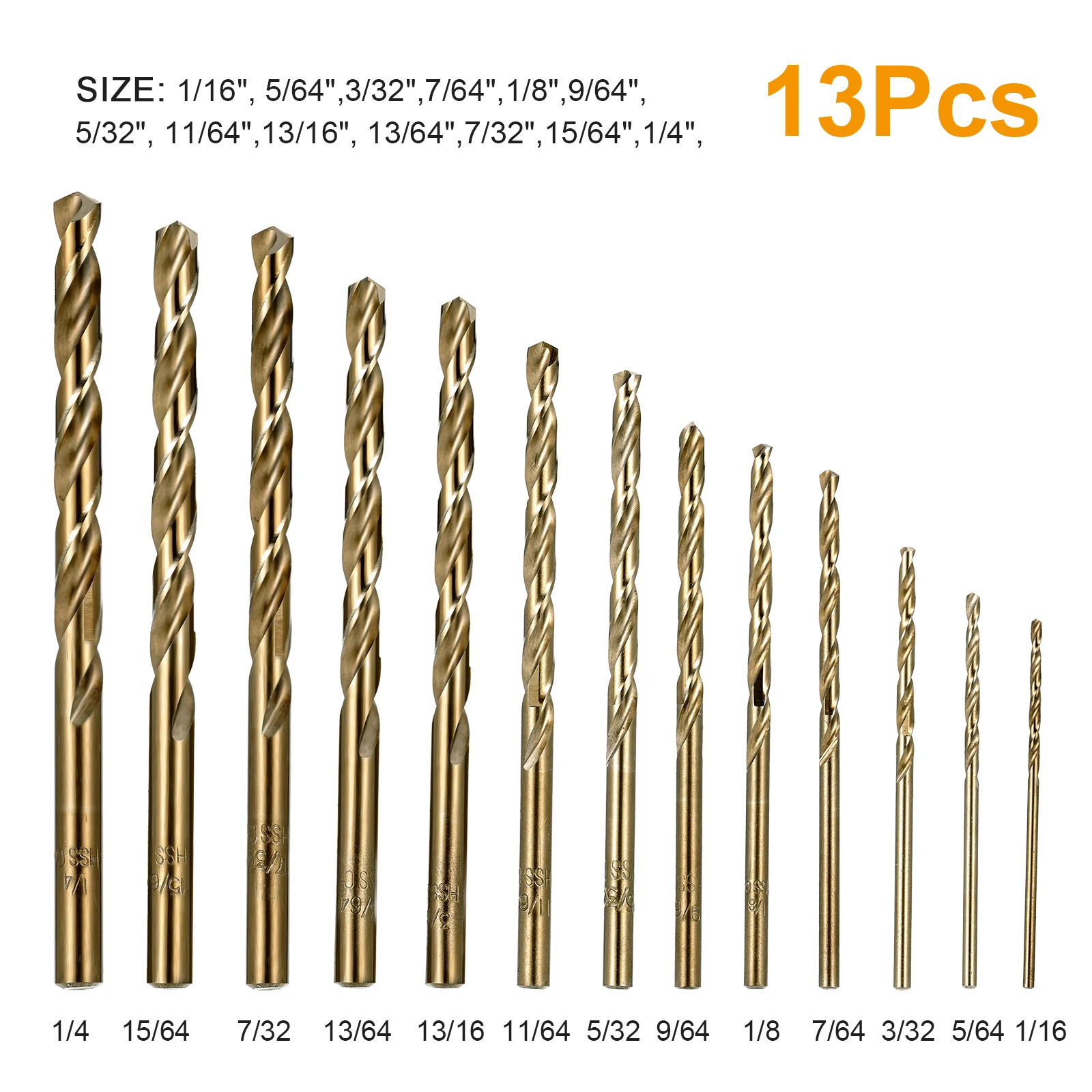 Set di punte da trapano al cobalto M35 HSS-Co da 13 pezzi 1/16-1/4 pollici per metallo temprato, ghisa, acciaio, plastica e legno con custodia