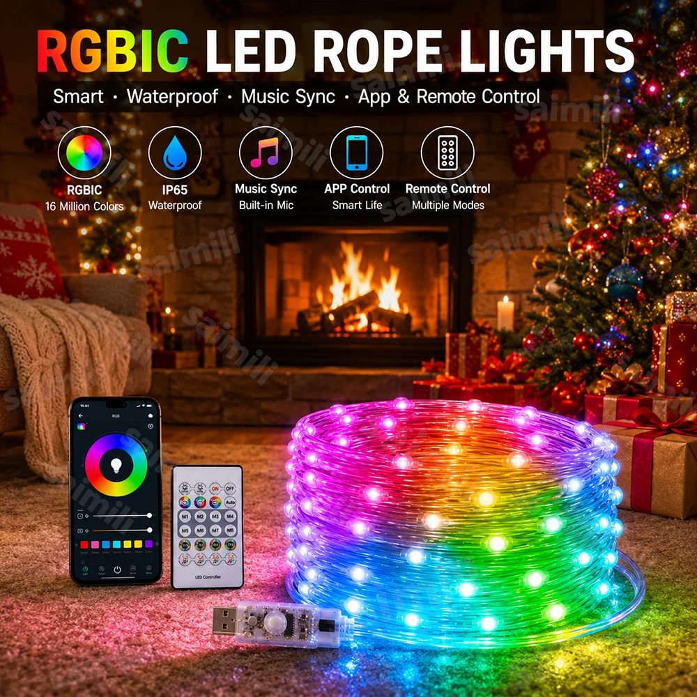 WS2812B RGBIC Fairy String Light 5V Bluetooth APP Remote Music Sync Dream Color Waterproof Garland For Home Holiday Party Decor