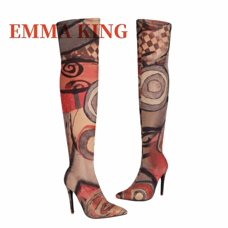 Women's Art Print Thigh High Boots Pointed Toe Stiletto Heel Over The Knee Boots Stretch Fabric Thin Heeled Boots for Party view 2