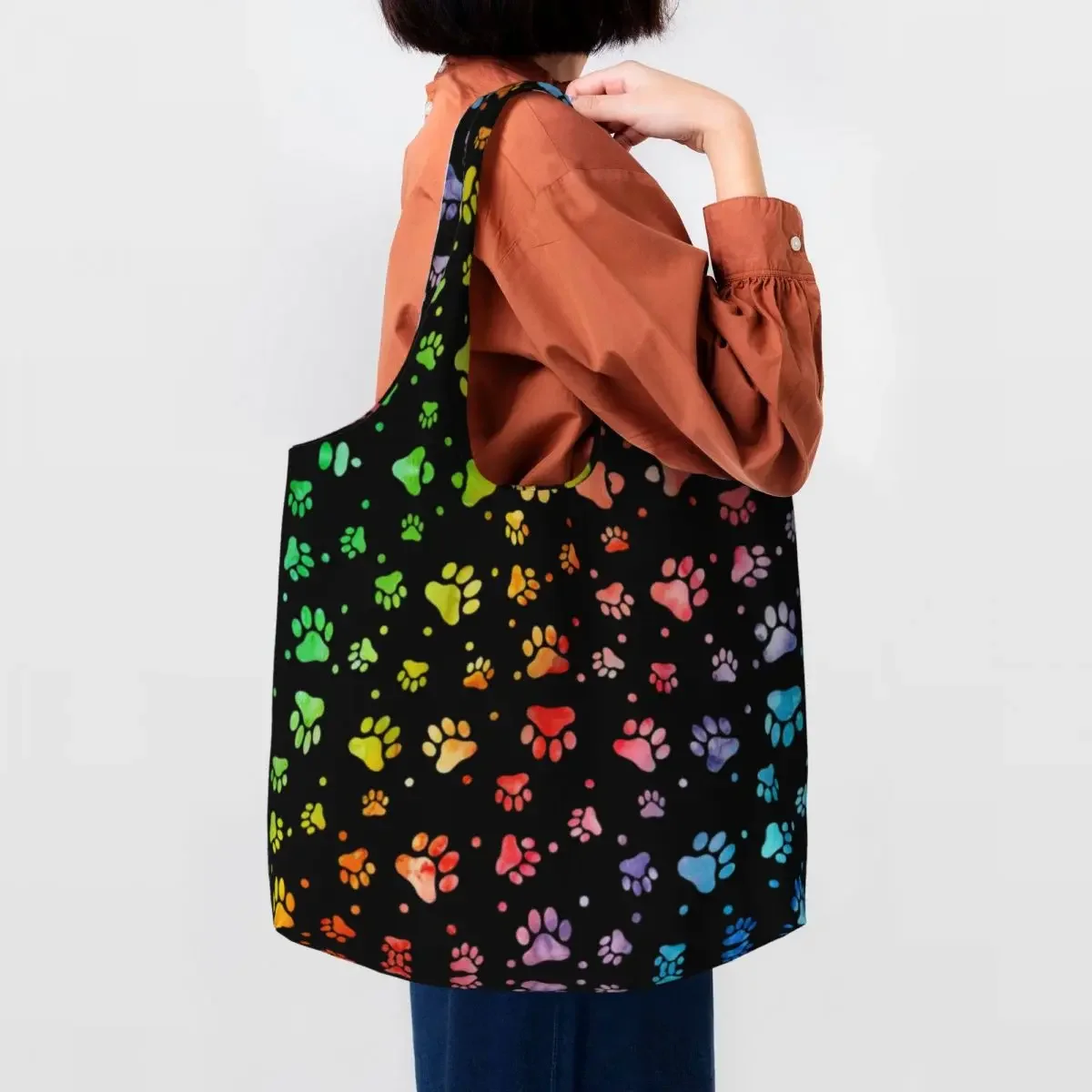 Reusable Dog Paw Watercolor Shopping Bag Women Canvas Shoulder Tote Bag Washable Groceries Shopper Bags Photography Handbag Gift