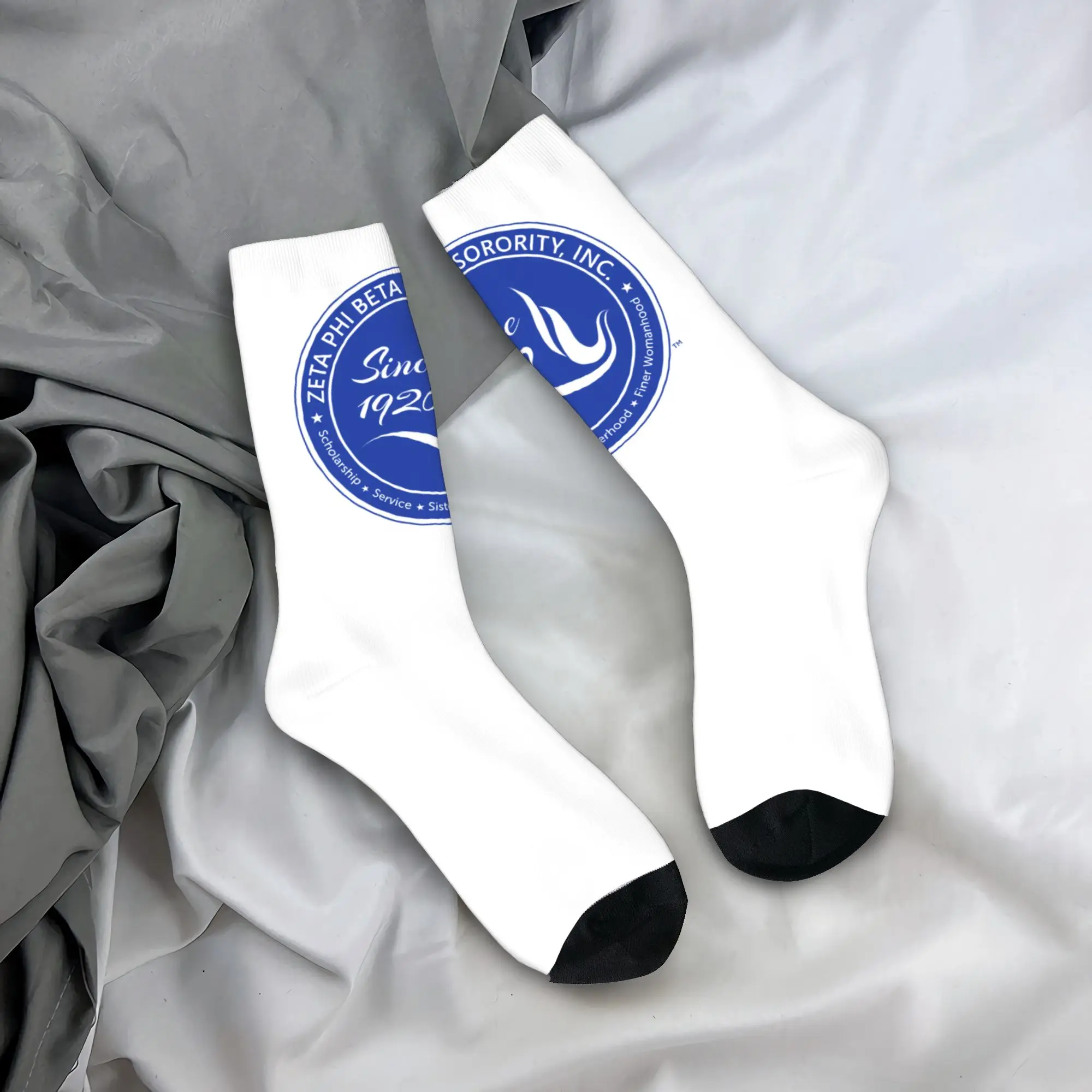 

Custom Cool Print Zeta Phi Beta Logo Blue Socks for Men Women Stretchy Summer Autumn Winter Greek Letter 1920 ZOB Crew Socks