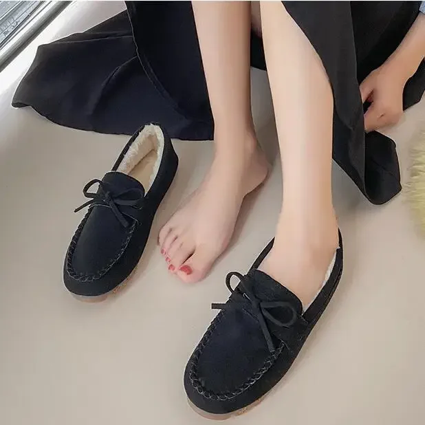 Winter Shoes Women Casual Flat Shoes Women\'s Moccasins Soft Loafers Fashion Comfort Warm Plush Bow Slip on Female Cotton Shoes