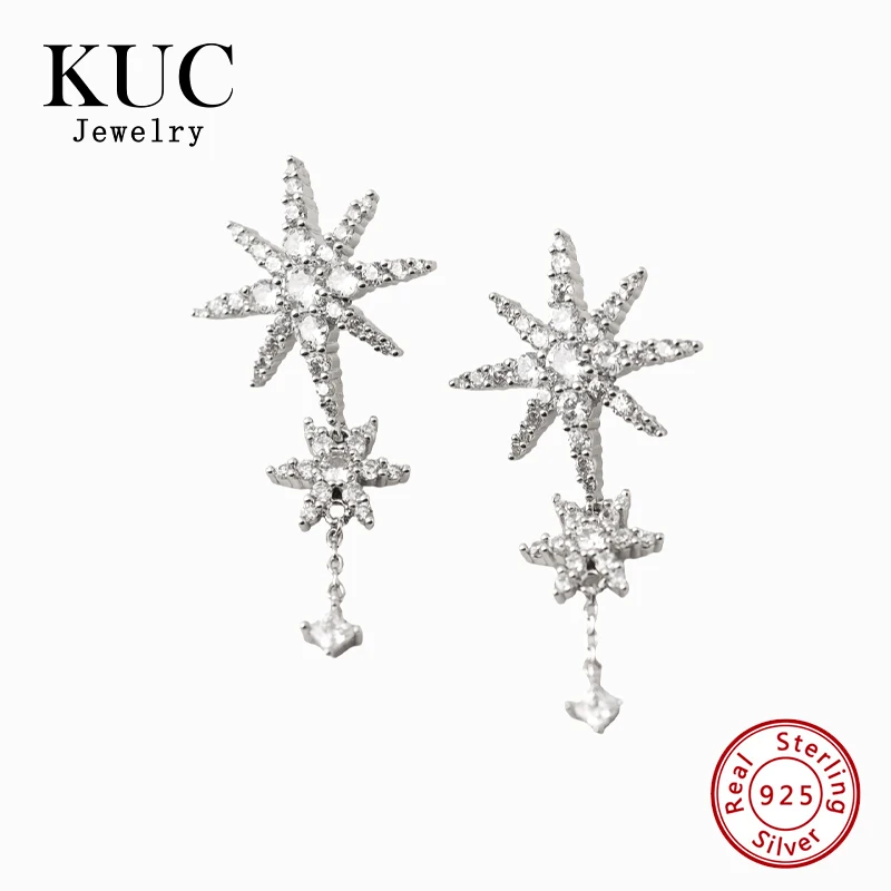 Luxury Korean Gold Plated 925 Sterling Silver Stud Earring Fashion Fine Jewelry Star Zircon Drop Earrings