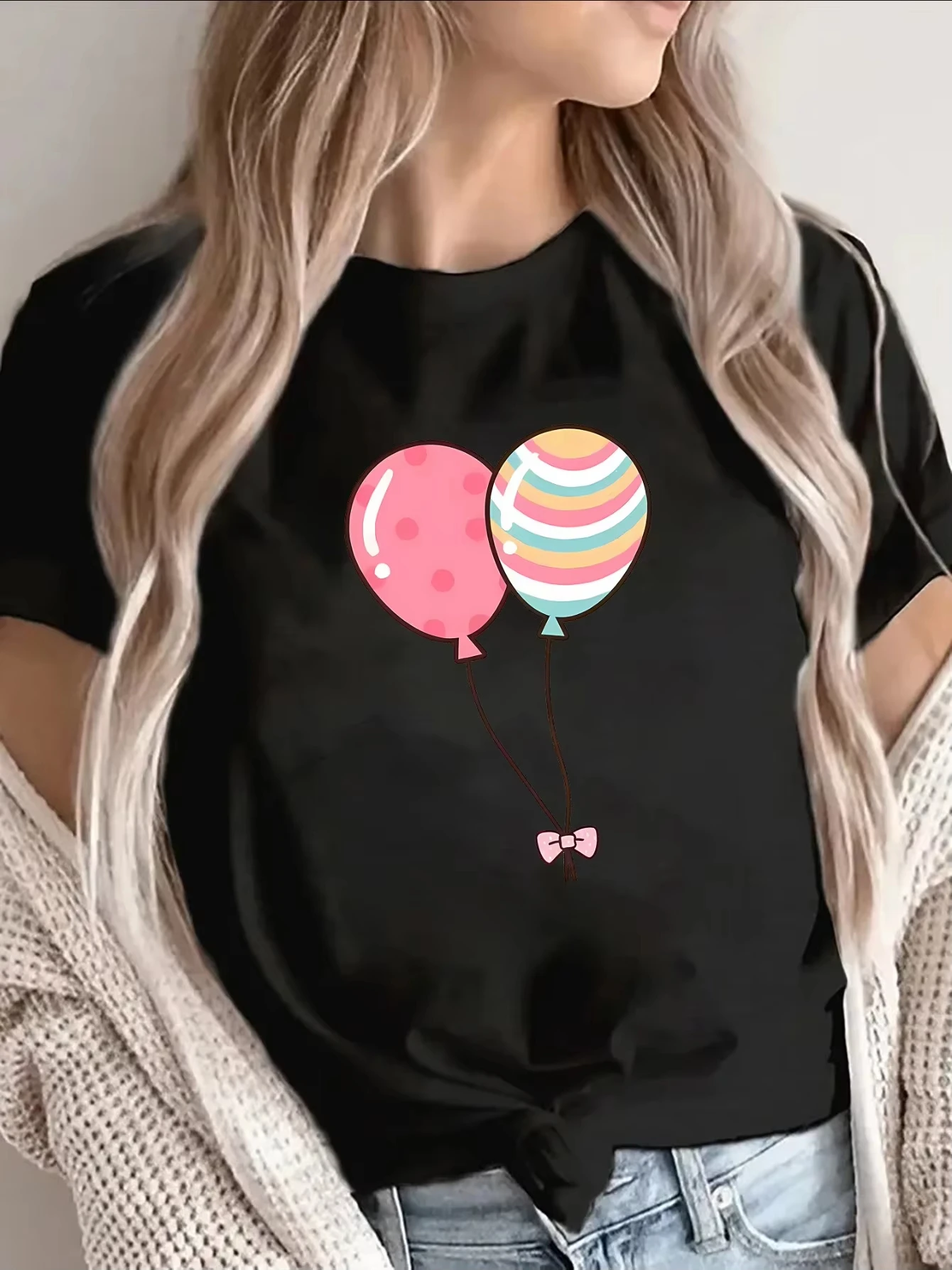 Women's Summer Casual Balloon Print T-Shirt Cute Rainbow Polka Dot Graphic Tee Short Sleeve Crew Neck Top with Bow Design