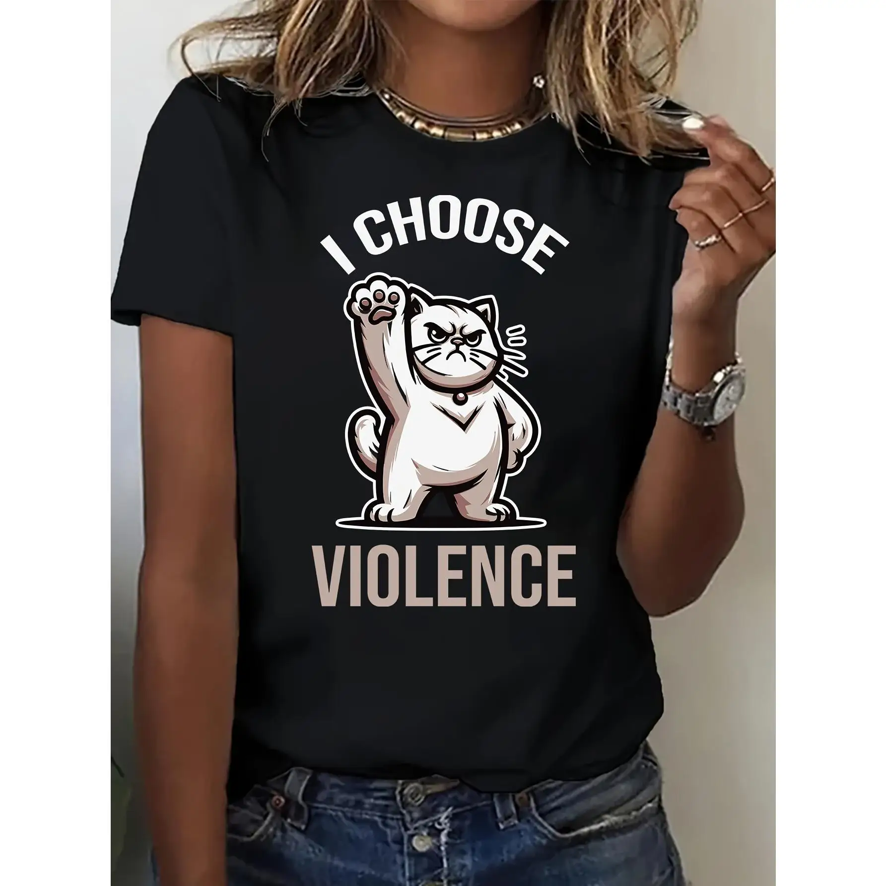 

I Choose Violence T-Shirt, Funny Cat Graphic Tee, Women's Cute Aggressive Kitten Top, Casual Humor Slogan Shirt Gift