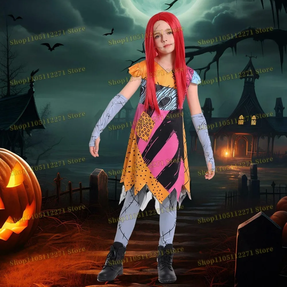 Strój Cosplay dla Dziewczynek Krzyżowy Sen na Boże Narodzenie, Kostium Księżniczki dla Dzieci i Niemowląt na Halloween z Czerwoną Peruką, Naklejkami Tatuażami
