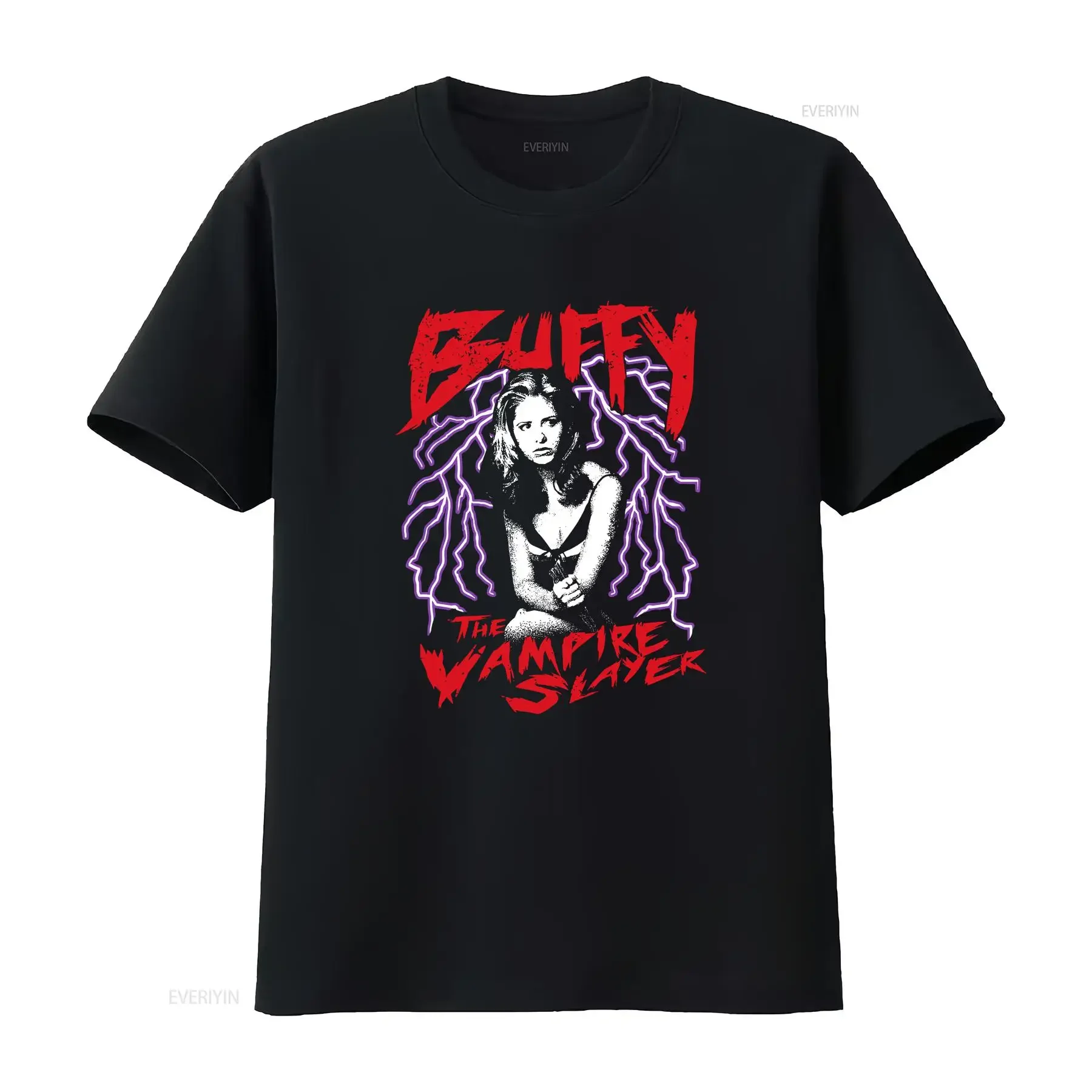 Buffy The Vampire Slayer off shoulder graphic Charcoal T shirt NH18672 vintage Washed Versatile Stretched Top For Everyday Wear