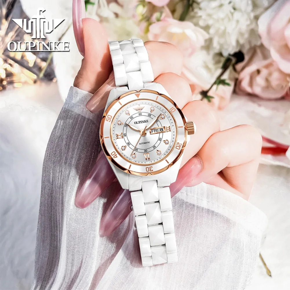 OUPINKE 3301 New Automatic Woman Watch Fully Ceramics Strap Ladies Dress Watch Elegant Luxury Mechanical Wrist Watches for Women