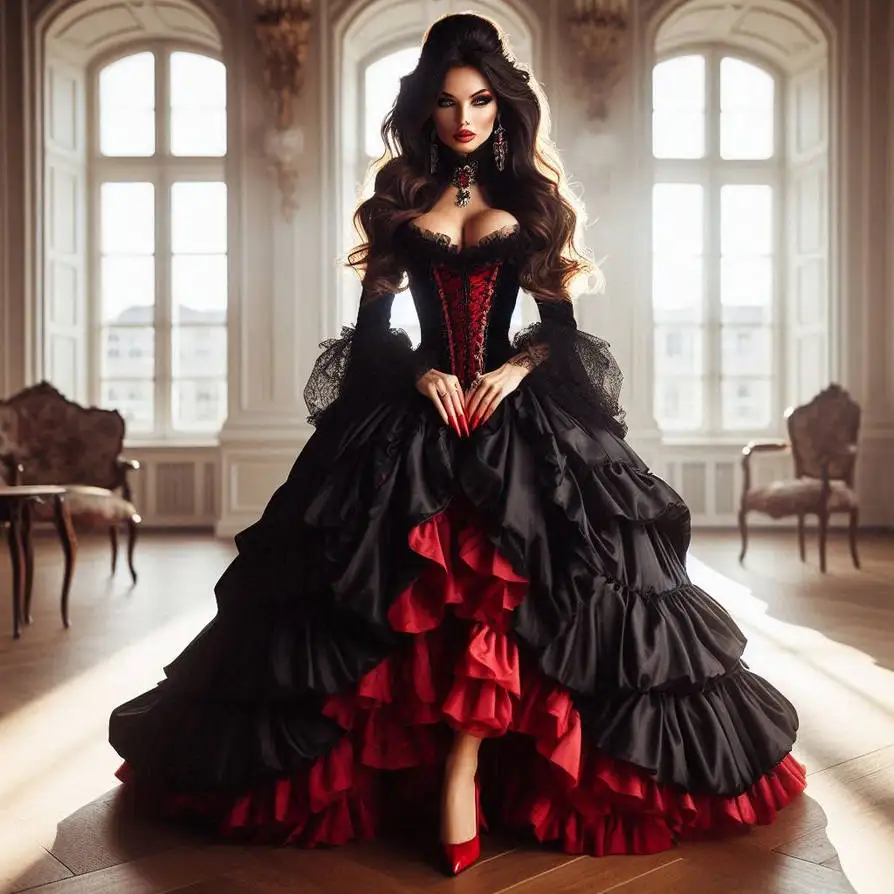 Schwarzes und rotes Gothic-Meerjungfrau-Hochzeitskleid mit langen Ärmeln, Rüschen, High-Low-Vintage-lange Brautkleider nach Maß