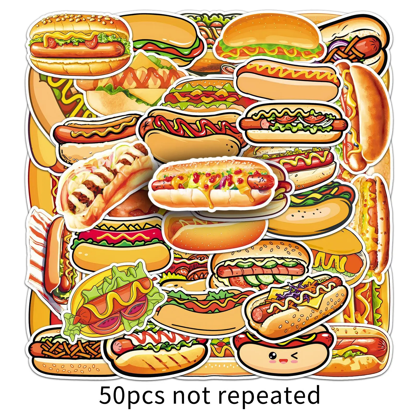 50 個新しいホットドッグ漫画ステッカーハンバーガー食品落書き装飾 DIY おもちゃ冷蔵庫ラップトップギター車バイクスケートボードデカール