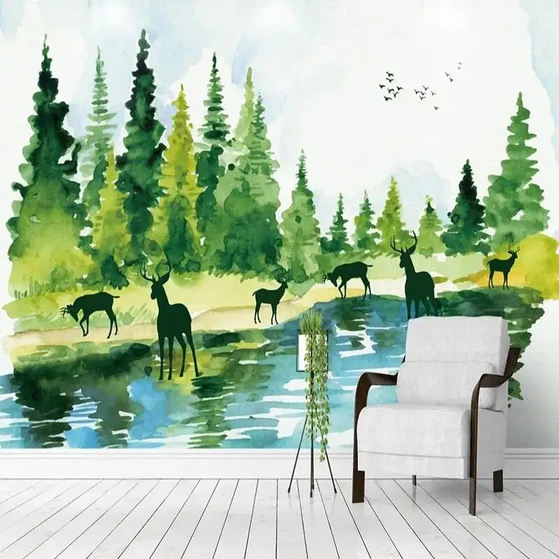 Custom 3D Wall Mural Modern Watercolor Elk Forest Landscape Painting Photo Wallpaper Living Room TV Bedroom Murales De Pared 3D