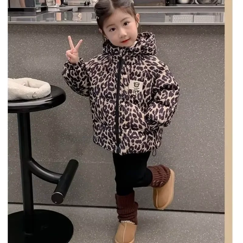 Kids Leopard Print Jacket Winter New Hooded Thick Warm Cotton Coat Boys Girls Down Padded Outerwear 4