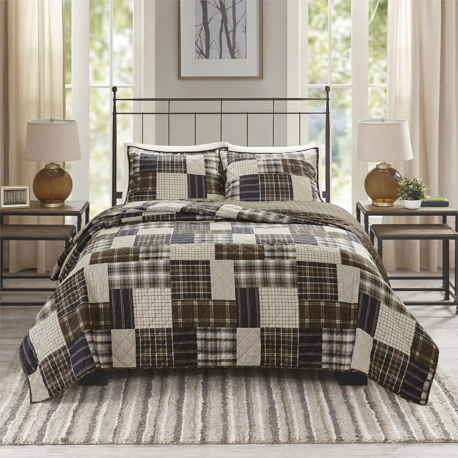 

Reversible Plaid Quilt Coverlet Set All Season Lightweight Breathable Bedspread Full/Queen 3 Piece Timber Black/Brown