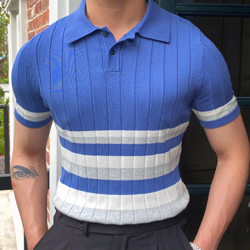 

Blue White Striped Knitted Polo Shirts For Men Short Sleeve New Fashion Summer Quality Viscose Elastic Premium Camisas De Hombre