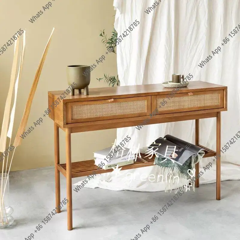 Nordic all solid wood entrance table American medieval rattan storage cabinet simple Japanese storage table
