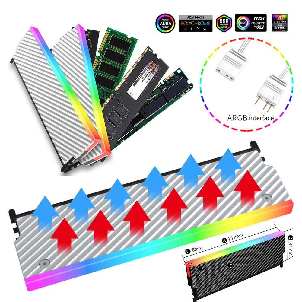 

5V 3PIN ARGB DDR Heatsink Aura Sync PC Memory Cooling Vest with Thermal Silicone Pad for DDR2 DDR3 DDR4 DDR5 Desktop Computer