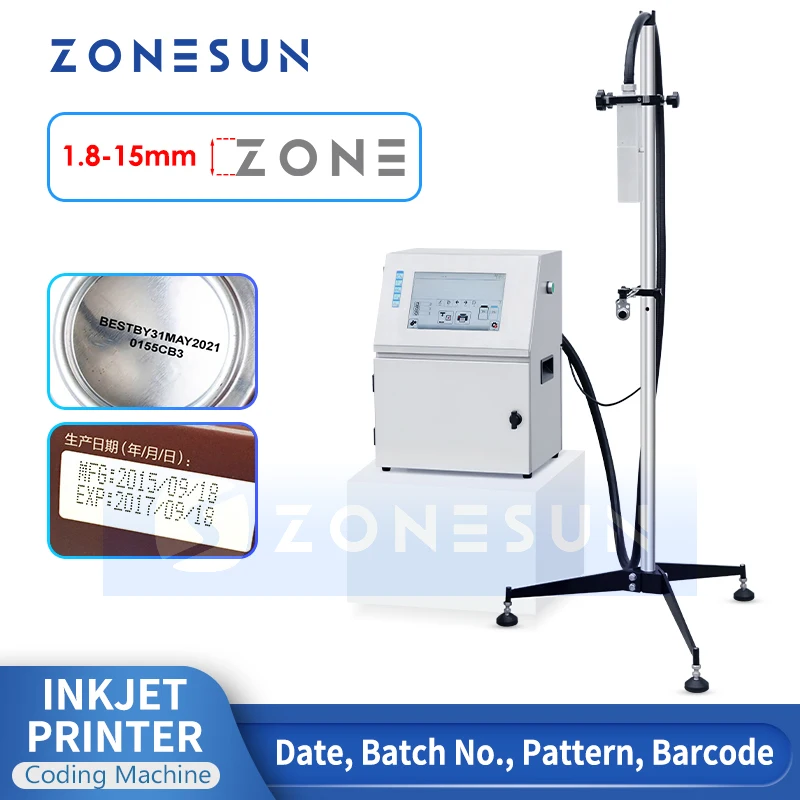 ZONESUN Tabletop Inkjet Printer Coding Machine 15mm QR Barcode Batch Expiry Date Serial Number Logo Image 285m/min ZS-TIP15