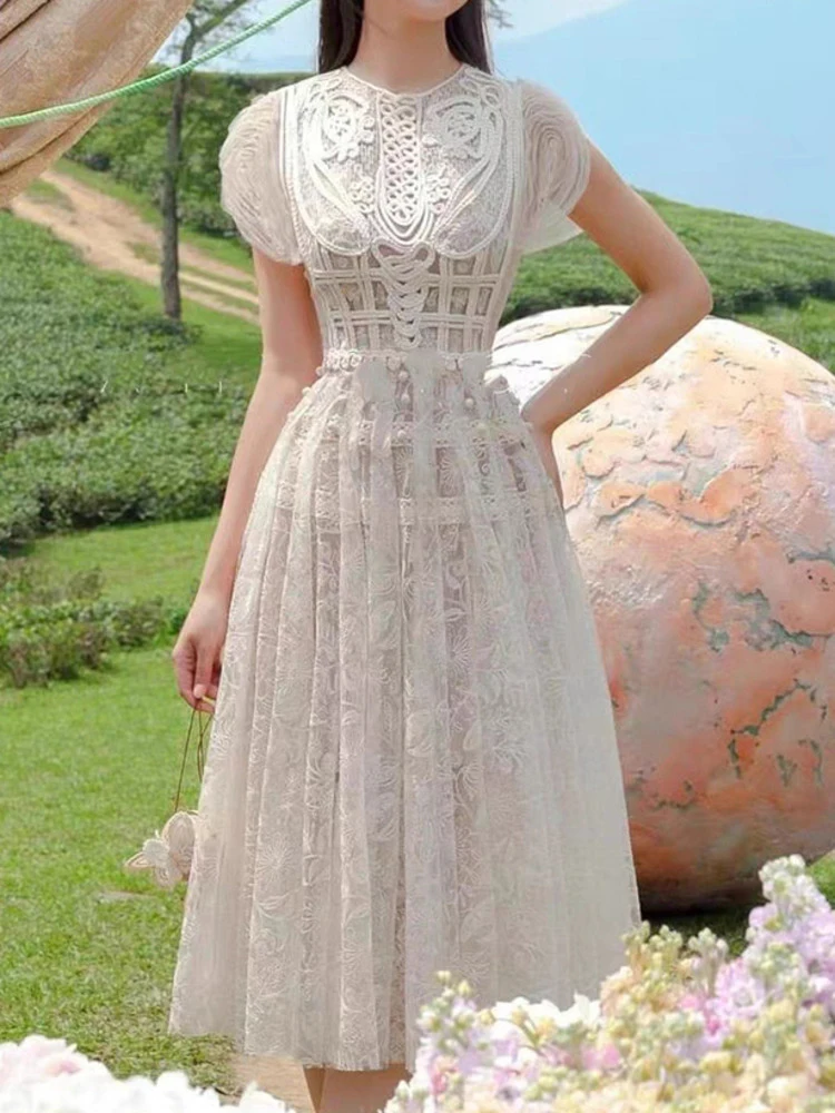 DEAT Elegant Dress Embroidery Lace O-neck High Waist A-line Slim Women\'s Evening Party Dresses 2024 Autumn New Fashion 35Z466