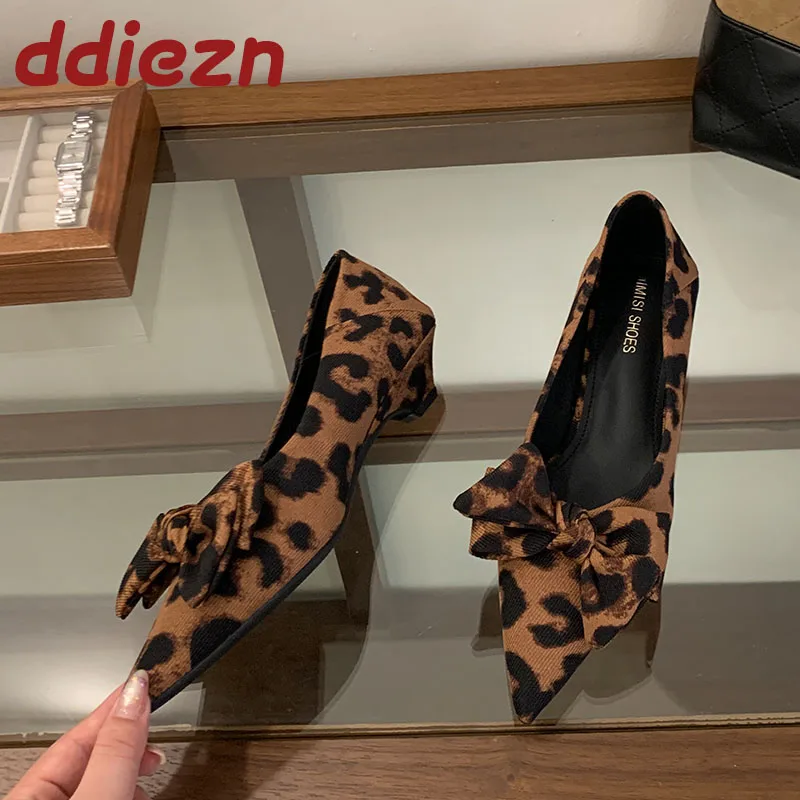 

Fashion Leopard Print Footwear Female Low Heel Pumps Slides Shoes For Ladies New Pointed Toe Elegant Women Heeled Shoes