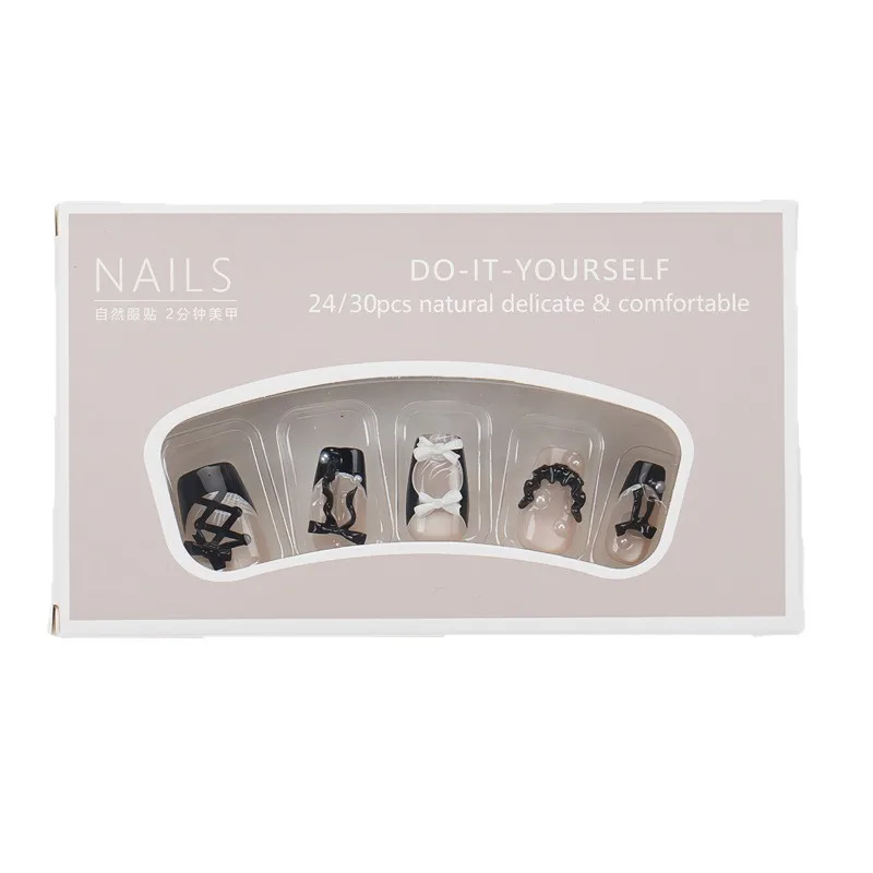 30 Stück Lothic Lolita 3D Schleife Spitze Perle Aufklebenägel Schwarz Weiß Französische Falsche Nägel Mittellange Vollabdeckung Nagelspitzen für Frauen & Mädchen – Detail 6