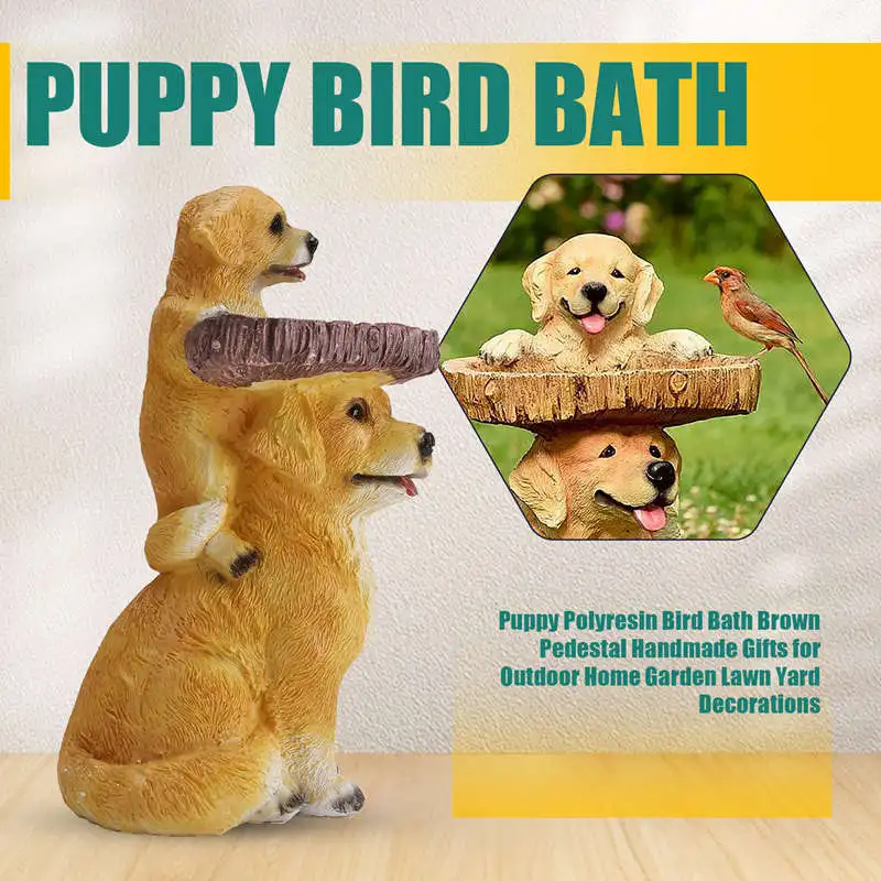 

Resin Ornaments Puppy Polyresin Bird Bath Brown Pedestal Handmade Gifts for Outdoor Home Garden Lawn Yard Decorations