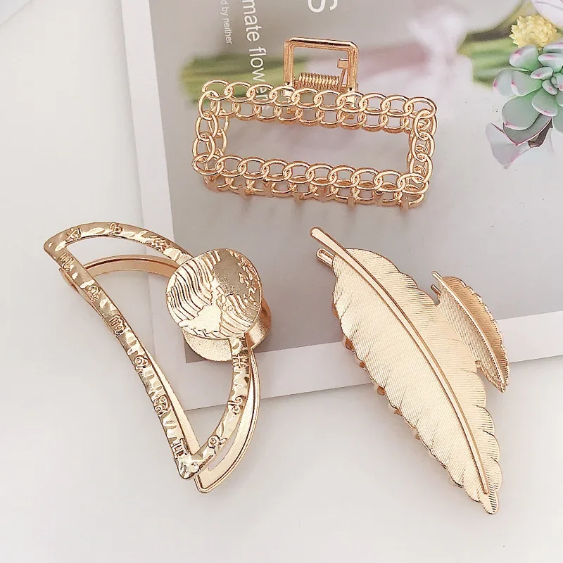 Korean Simple Temperament Geometric Metal Grip Gold Plated European and American Leaf Spring Clip Butterfly Crown Top Clip