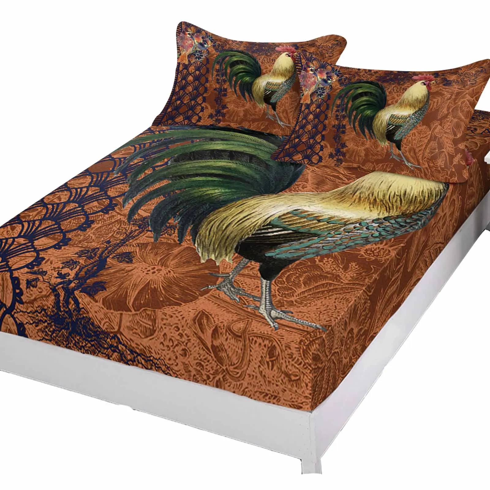 Rooster Retro Pattern Brown Polyester Fitted Sheet Mattress Cover Four Corners Elastic Band Bed Sheet Pilllowcase