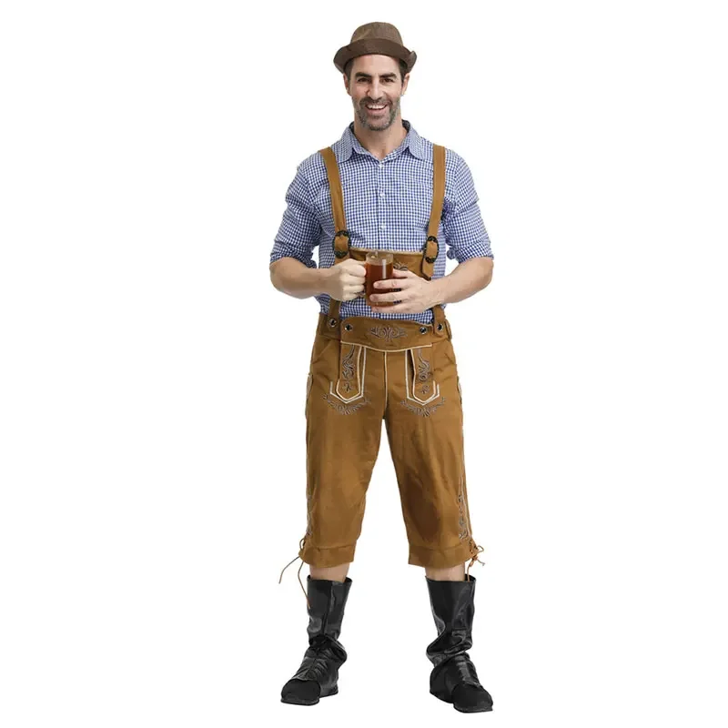 Camisa y sombrero de Lederhosen para hombre, conjunto de tres piezas, traje de Oktoberfest, tradicional Festival bávaro, vestido de fiesta de Cosplay