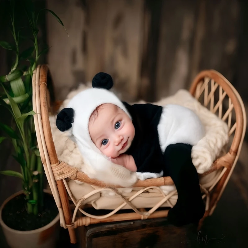 Adorable Newborns Photography Costume Panda Themed Jumpsuit & Adjustable Chin Strap Hat Photoshoots Props