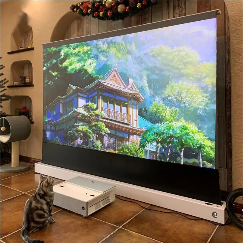 150 inch ALR T prism Floor Rising Projector Screen Electric Tab Tension Projection Screen Motorized for UST Laser 4k Projector