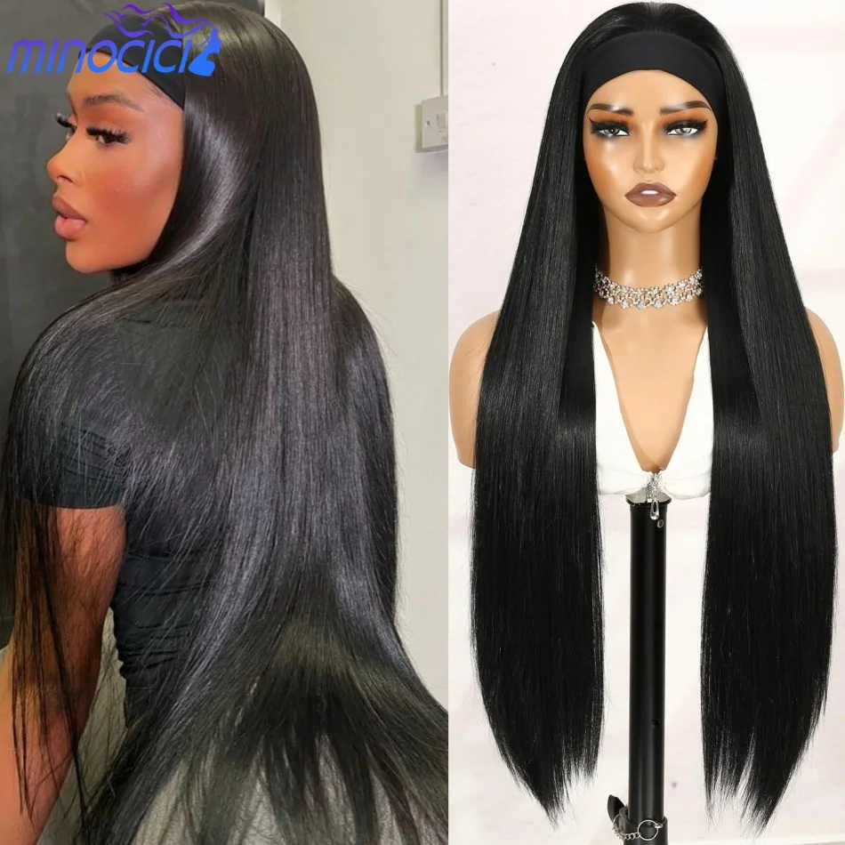 

30 40 Inch Straight Headband Wig Human Hair Glueless Headband Wigs Human Hair Wigs None Lace Front Wigs Black Wear and Go For Women