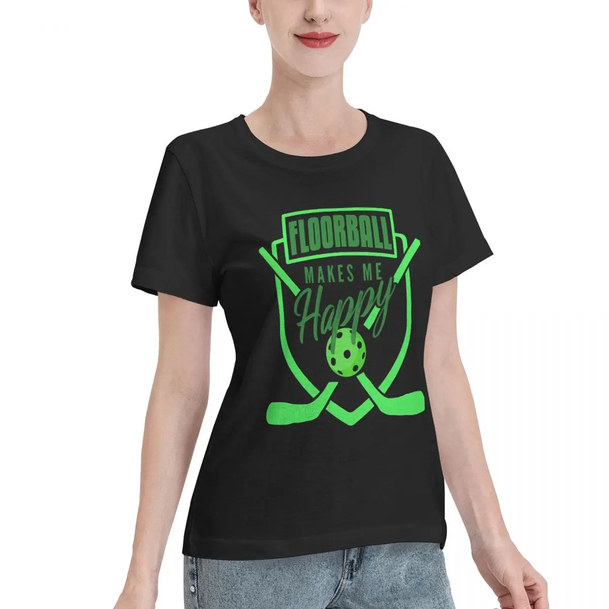 Wardrobe Filler Floorball Makes Me Happy Unihockey Women's T-shirt Korean Casual Plain Cotton Top