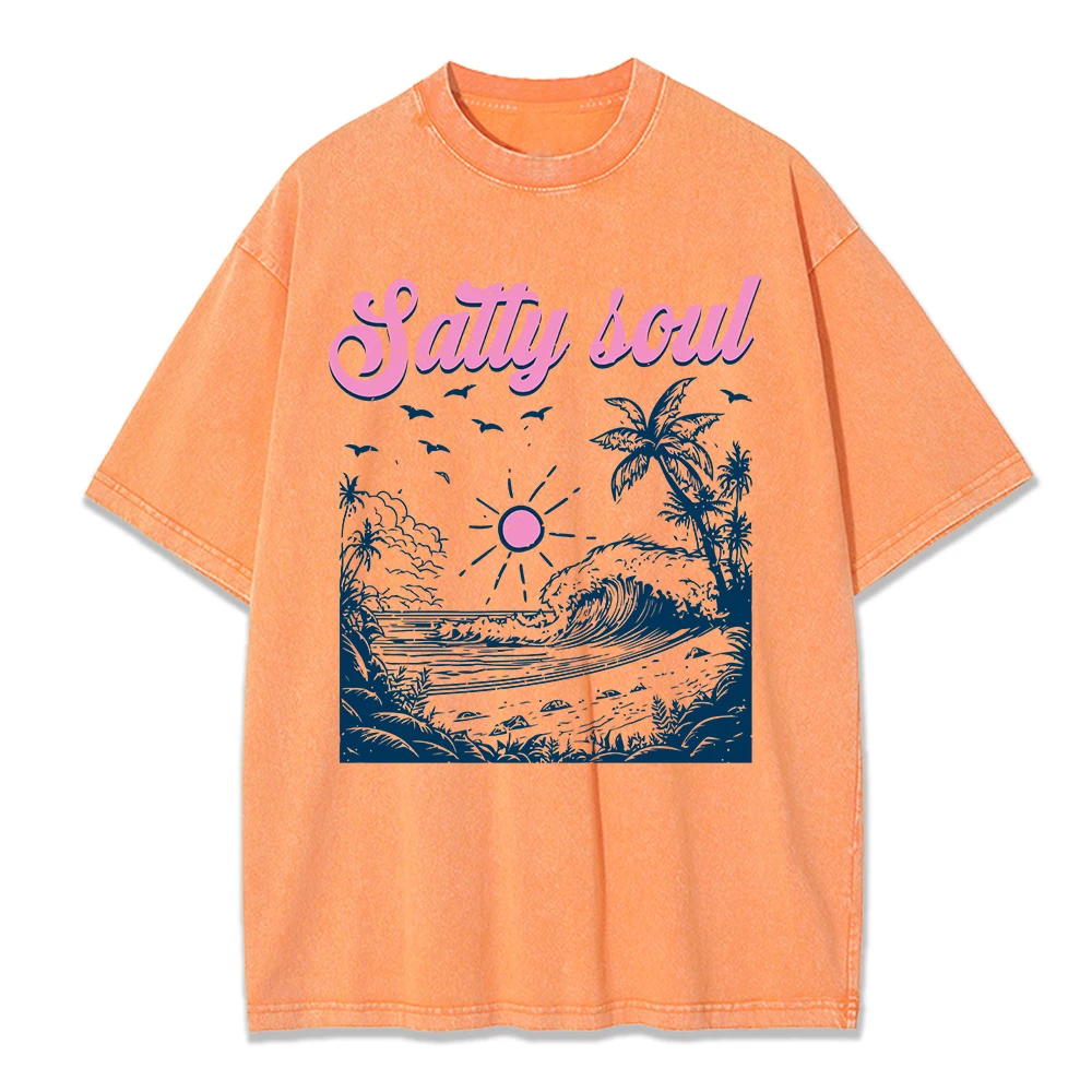 

Salty Soul Beach Printing Washed T-Shirt Women Cotton T Shirt O-Neck Comfortable Distressed Streetwear Summer Womans Clothes