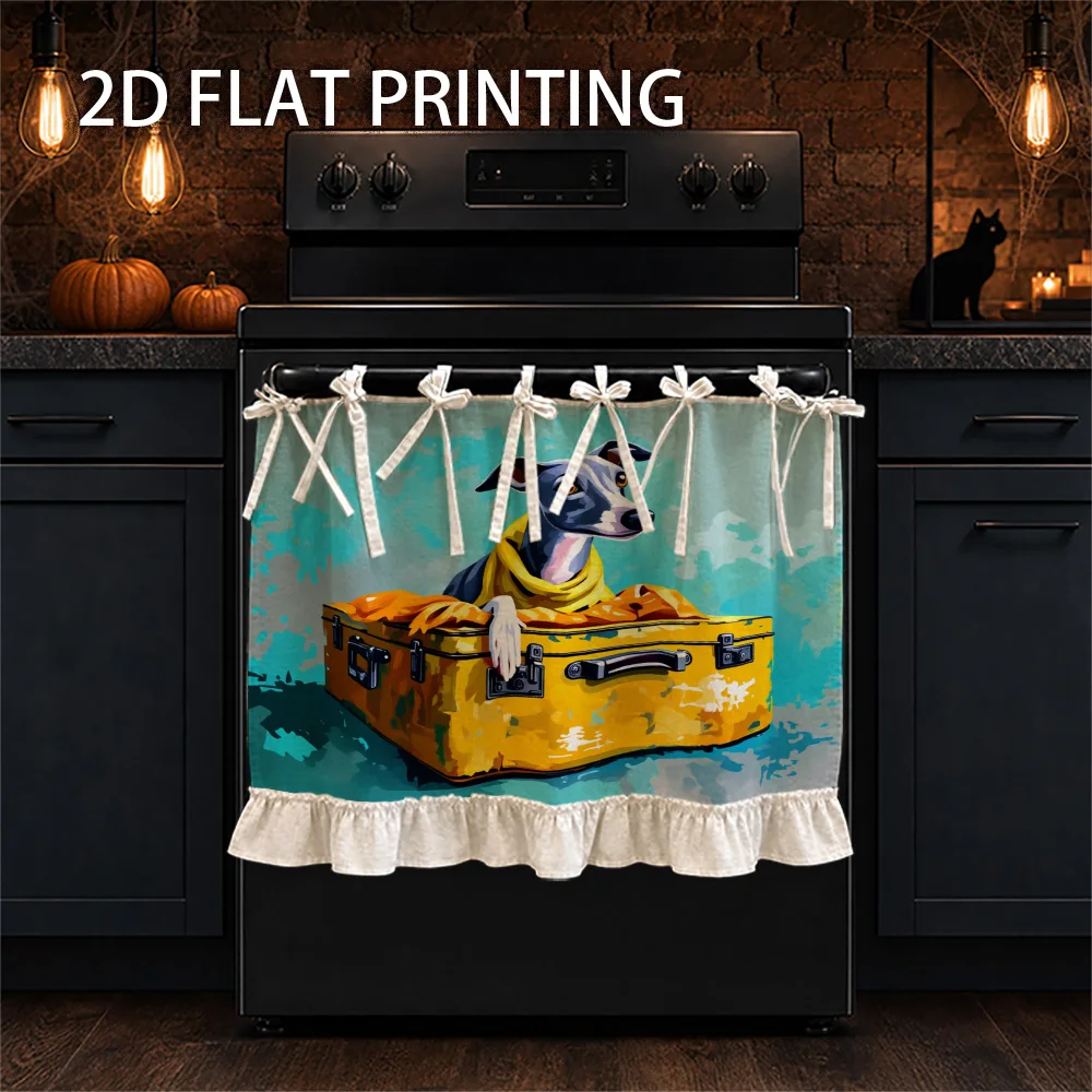 1PC kitchen stove curtain, cabinet curtain and apron. Featuring a 2D graphic design featuring a cute greyhound wearing a yellow