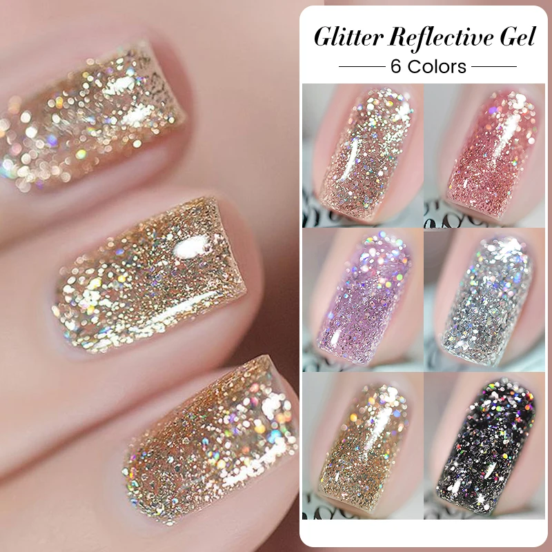 BORN PRETTY 10ml Champagne Silver Glitter Reflective Nail Gel Polish Sparkling Holographics Semi Permanent UV Gel Nail Art Gel