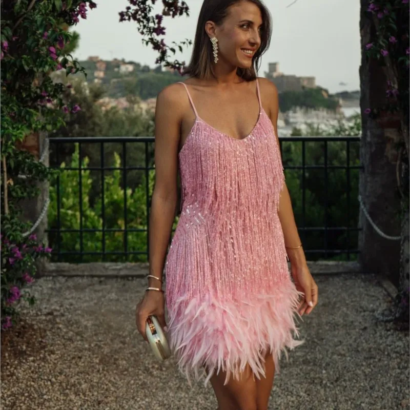 Women Sexy Feather Sparkly Tassel Dress Pink Samba Sequin Fringe Dance Flapper Dress Summer Formal Wedding Evening Mini Dresses