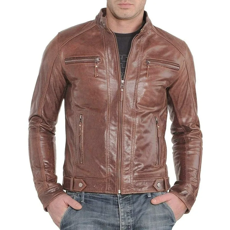 เสื้อแจ็คเก็ตหนังแกะแท้สําหรับผู้ชายคลาสสิก Biker Brown Handmade Casual Wear