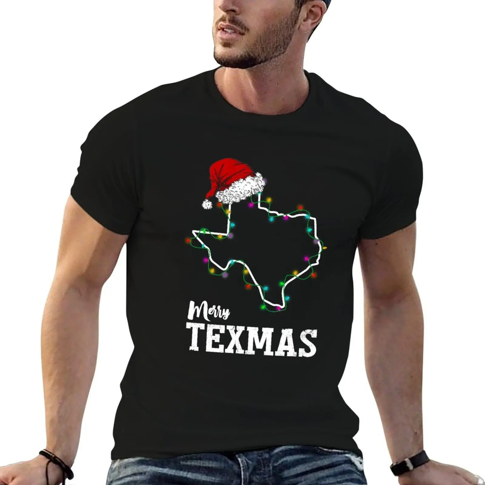 Merry Texmas Texas State Christmas Light Outline With Santa Hat T-Shirt anime t shirts funny shirt cotton mens vintage t shirts