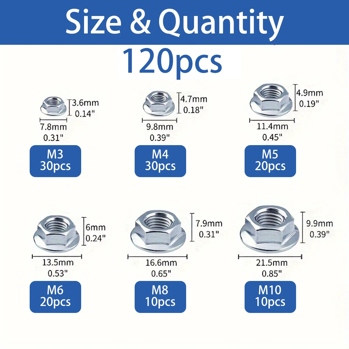 120 قطعة من صواميل شفة سداسية، صواميل شفة مجلفنة، صواميل سداسية مضادة للانزلاق، مكسرات، مسننة، شفة مسننة، صواميل مضادة لتخفيف الشعر #3